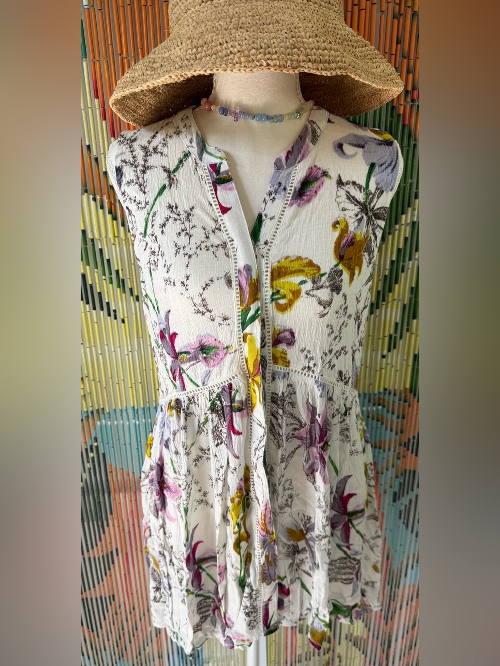 Anthropologie White Knit Tunic with Brown Floral Print